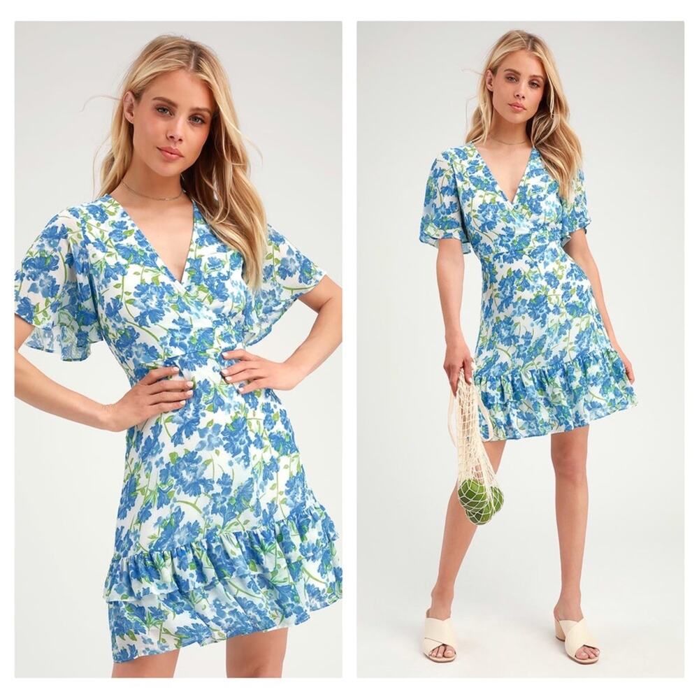 Lulus Glorious White and Light Blue Floral Print Ruffled Aline Mini Dress Small